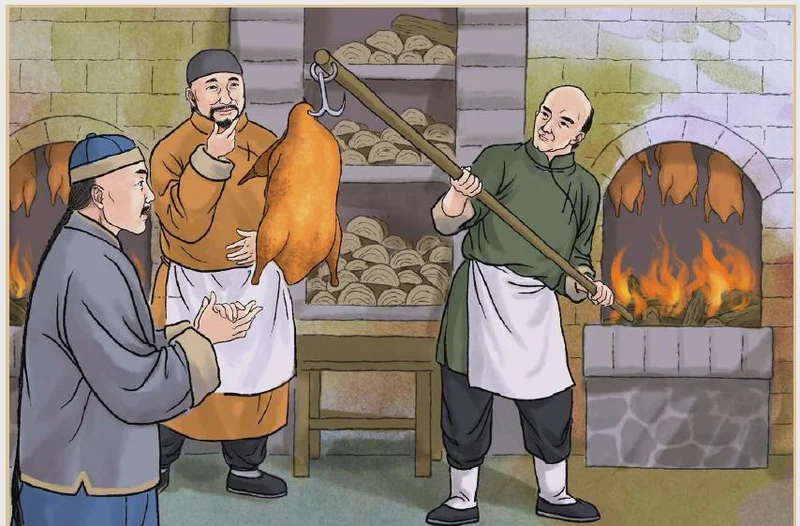 An illustration of traditional Peking Duck preparation, showing ducks roasted in a brick oven and chefs managing the roasting tools, highlighting the historic craftsmanship behind the dish.