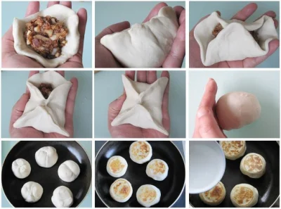 Men ding rou bing being wrapped, shaped, and browned on a pan