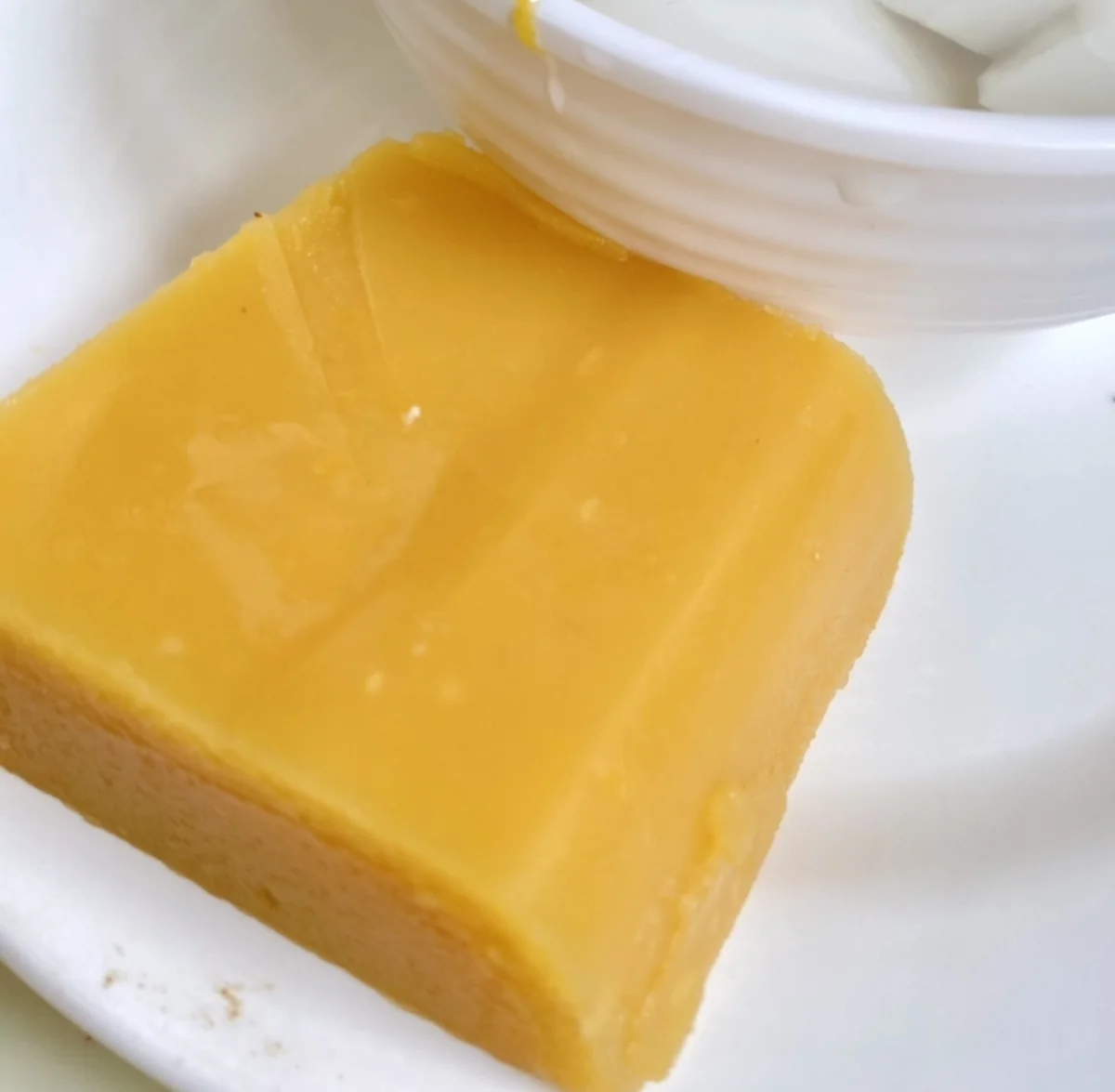 Close-up of a smooth chilled Wandouhuang pea cake slice