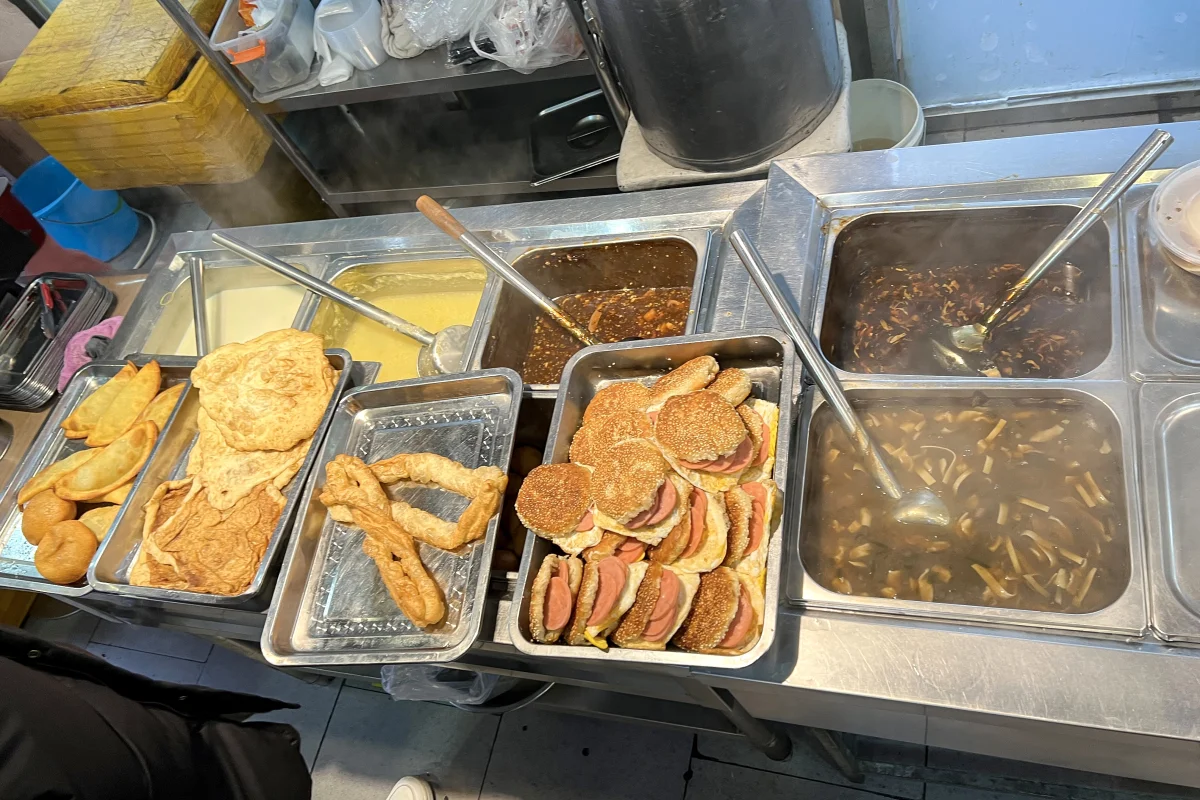 Fried dough sticks among breakfast selections at a restaurant near Wanshousi in Beijing