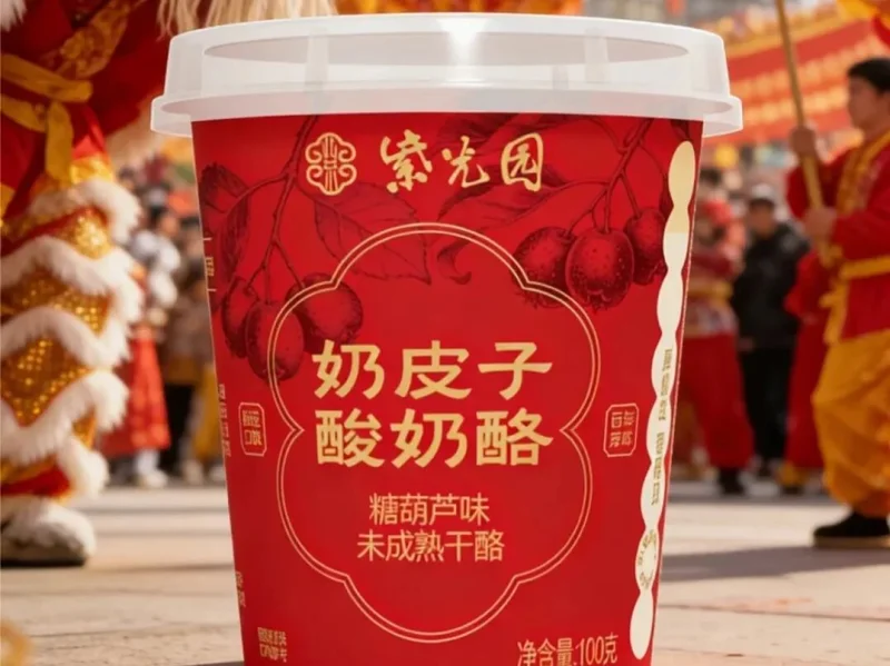 Red cup of Beijing milk-skin yogurt at a local food counter