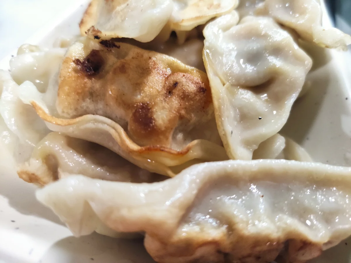 Close-up of browned dumpling bases, photographed at Mindou in Valencia, Spain