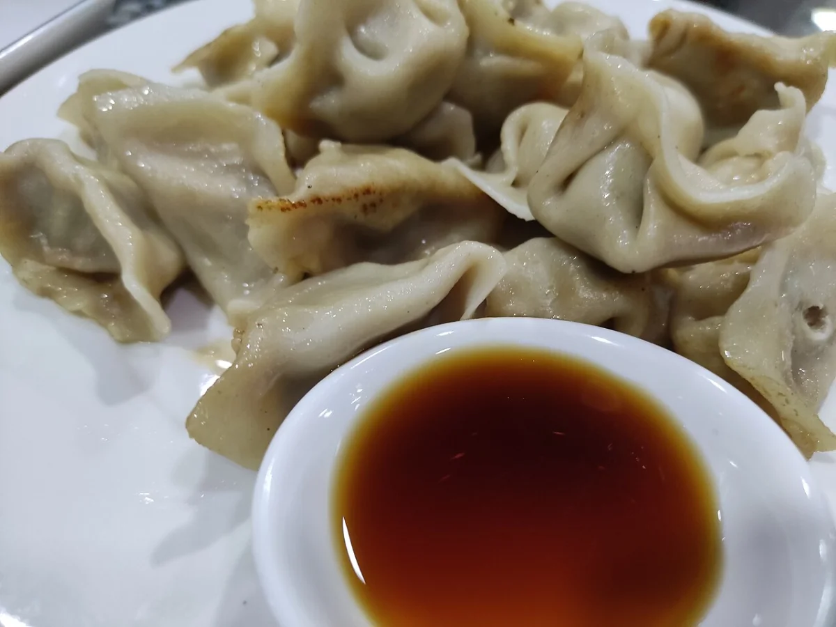 Pan-fried dumplings with browned edges at Wenzhou restaurant in Murcia, Spain