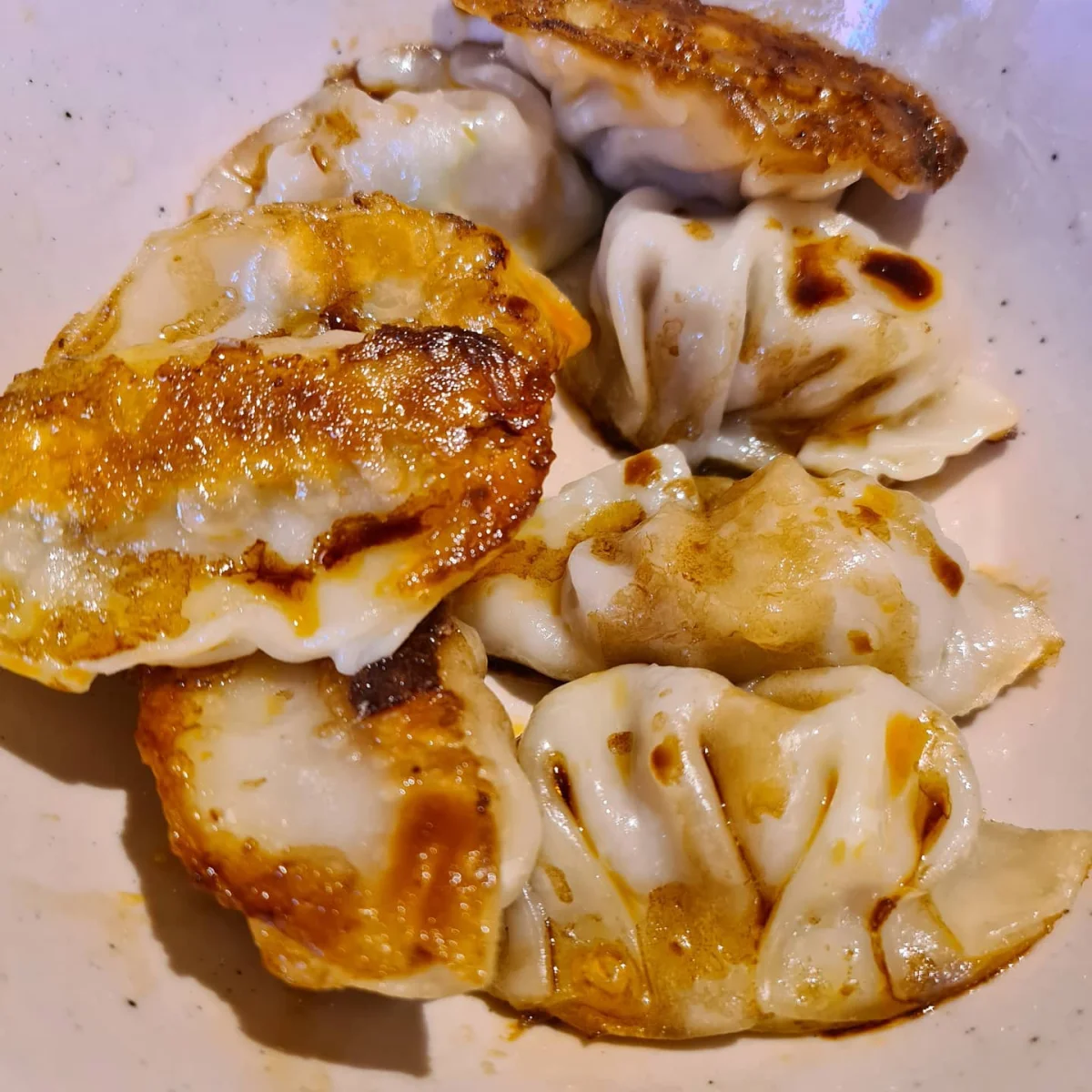 Pan-fried potstickers with browned crisp bases, illustrating the cooking method