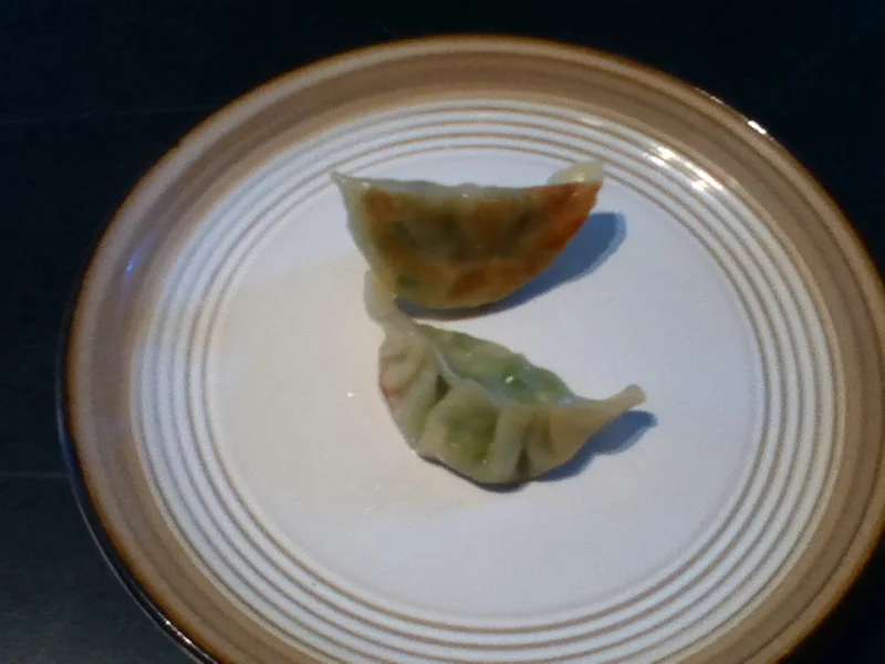 Two cooked potstickers showing a browned underside and softer top